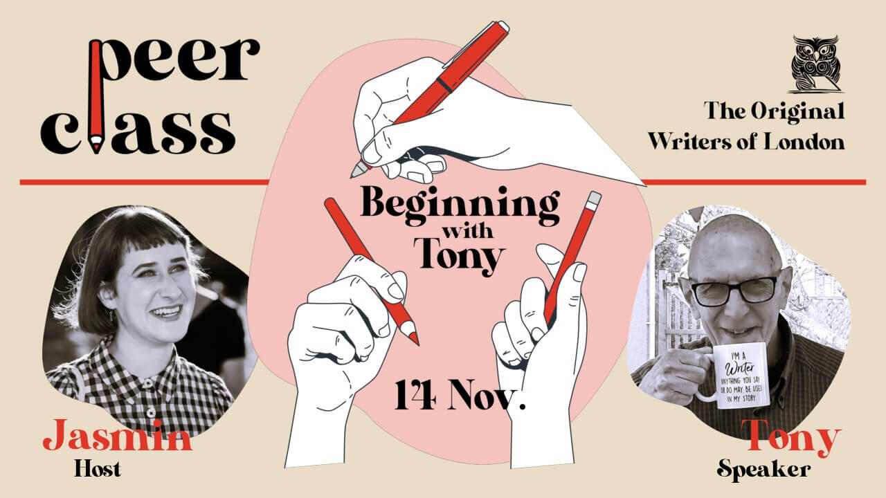 An illustration of white hands holding red pens announces "Beginning with Tony", surrounded by black-and-white headshots of host Jasmin and speaker Tony