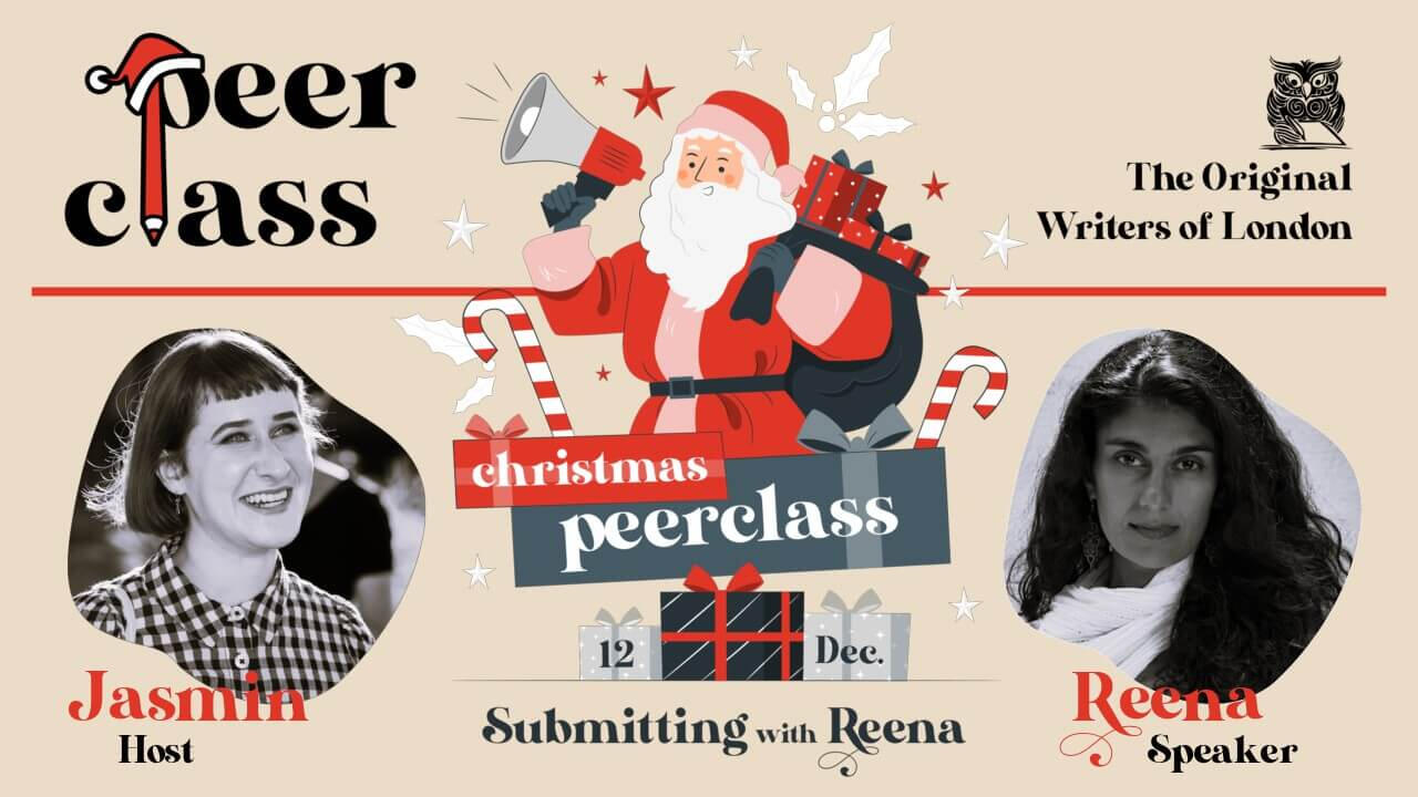 A red, white, and grey illustration of Santa with a megaphone announcing "Christmas Peerclass: Submitting with Reena", surrounded by black-and-white headshots of host Jasmin and speaker Reena