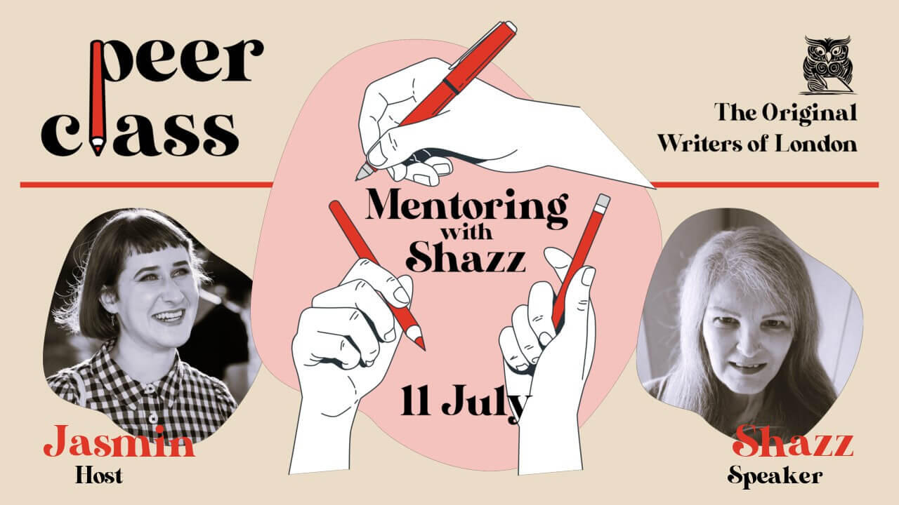 An illustration of white hands holding red pens announces "Mentoring with Shazz", surrounded by black-and-white headshots of host Jasmin and speaker Shazz