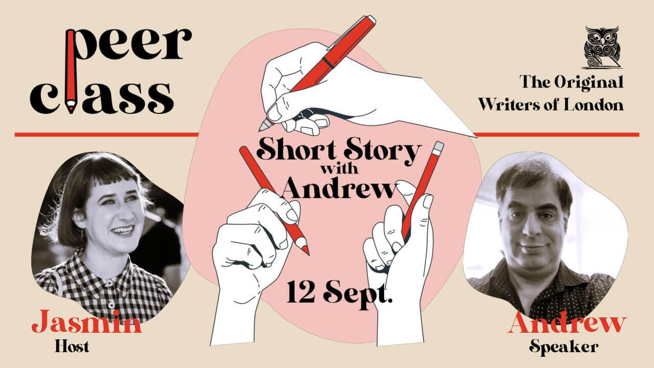 An illustration of white hands holding red pens announces "Short Story with Andrew", surrounded by black-and-white headshots of host Jasmin and speaker Andrew