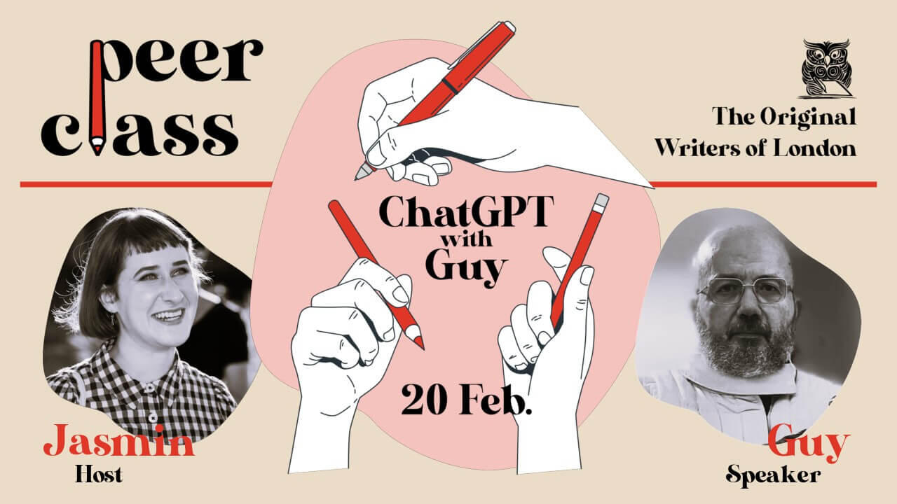 Peerclass: ChatGPT with Guy Griffith An illustration of white hands holding red pens announces "ChatGPT with Guy", surrounded by black-and-white headshots of host Jasmin and speaker Guy