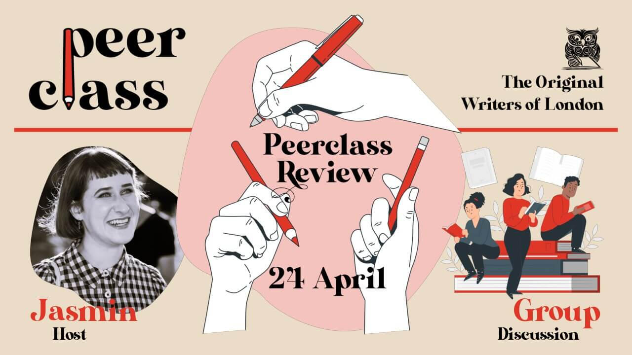 Peerclass Review An illustration of white hands holding red pens announces "Peerclass Review", surrounded by a black-and-white headshot of host Jasmin and a red illustration of three readers atop a giant stack of books