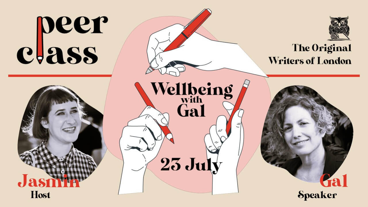 Peerclass: Wellbeing with Gal Podjarny An illustration of white hands holding red pens announces "Wellbeing with Gal", surrounded by black-and-white headshots of host Jasmin and speaker Gal