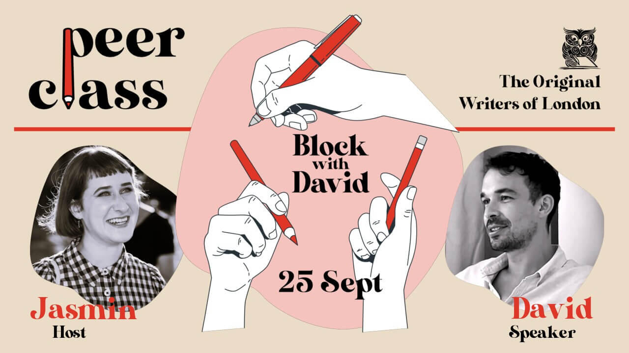 An illustration of white hands holding red pens announces "Block with David", surrounded by black-and-white headshots of host Jasmin and speaker David