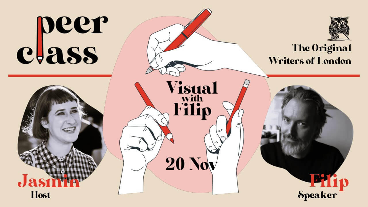An illustration of white hands holding red pens announces "Visual with Filip", surrounded by black-and-white headshots of host Jasmin and speaker Filip