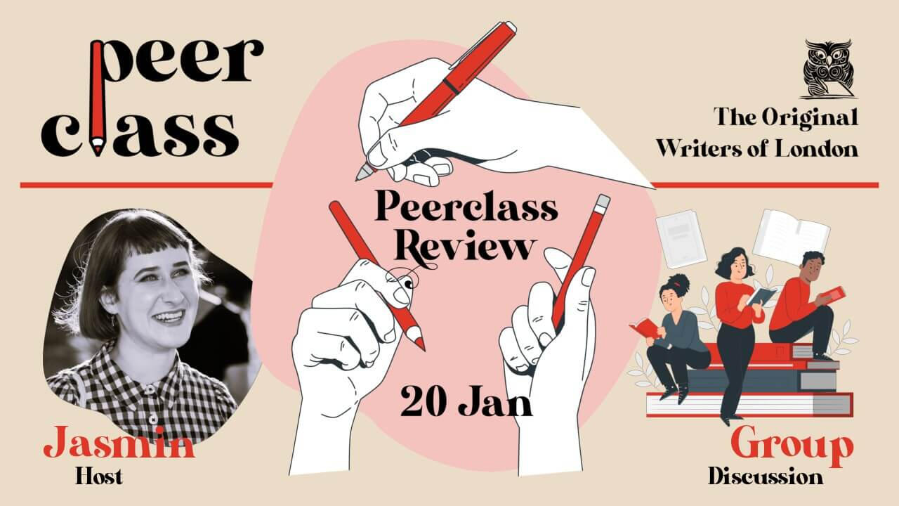 Peerclass Review An illustration of white hands holding red pens announces "Peerclass Review", surrounded by a black-and-white headshot of host Jasmin and a red illustration of three readers atop a giant stack of books