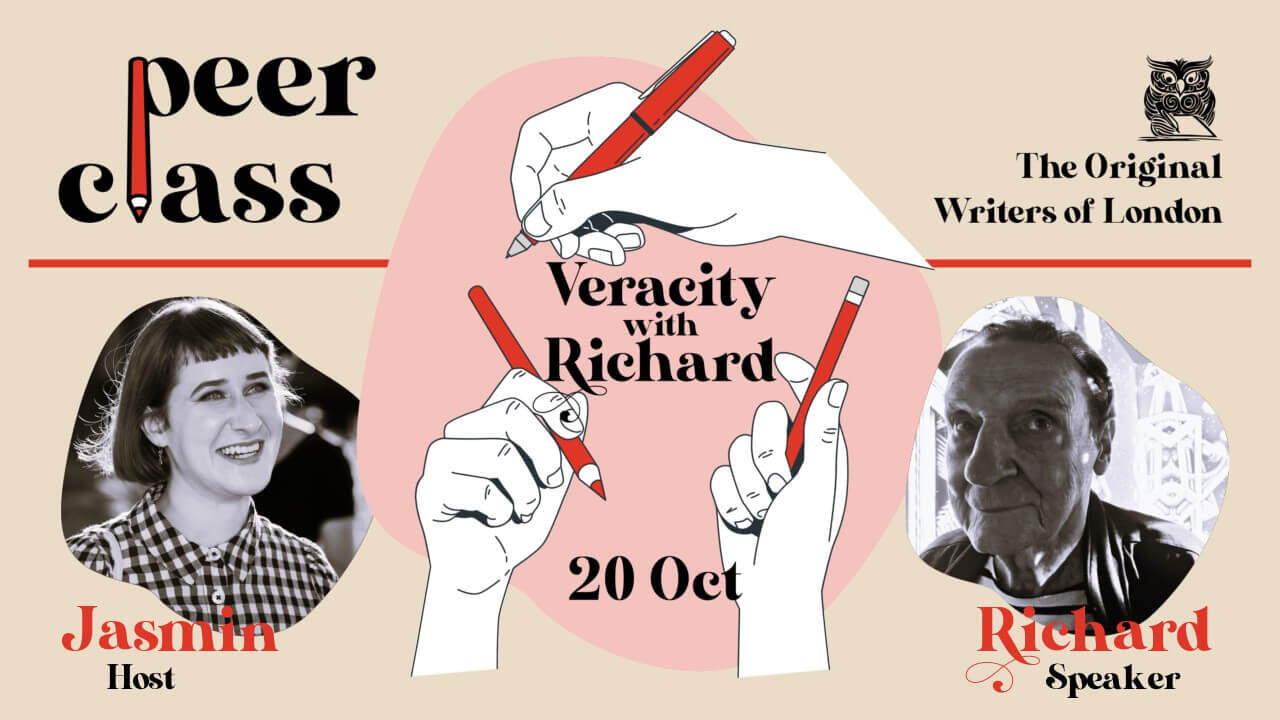 Peerclass: Veracity with Richard Bell An illustration of white hands holding red pens announces "Veracity with Richard", surrounded by black-and-white headshots of host Jasmin and speaker Richard
